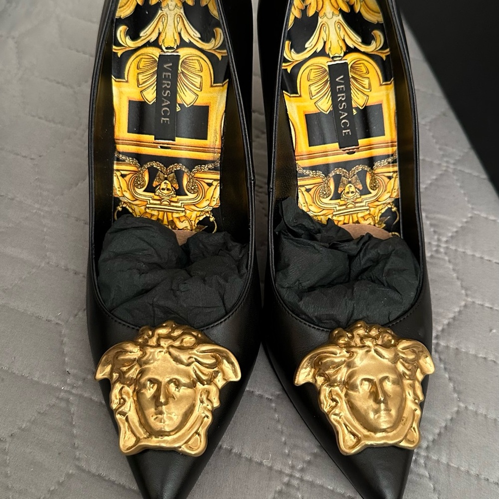 Versace Black and Gold Heels with Medusa Emblems